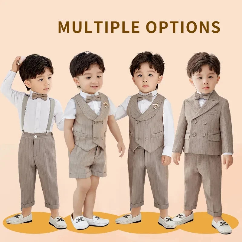 Boys Spring Summer Khaki Striped Suit Set Baby Child Birthday Party Wedding Photography Costume Kids Blazer Vest Pants Clothes