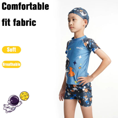 Boys Swimsuit 3-Piece Rashguard Sets Cute Cartoon Print Kids Beach Suit Short Sleeve Swimwear with Swim Hat Toddler BeachWear