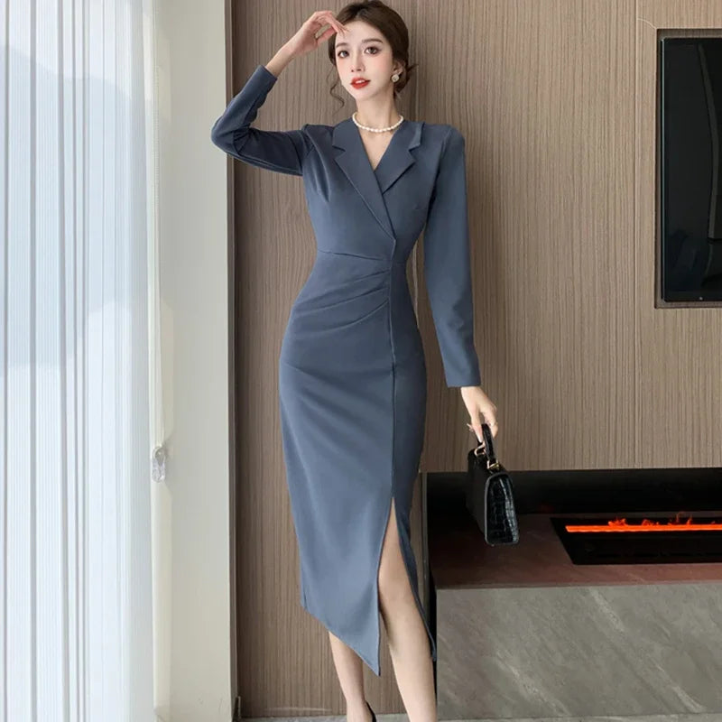 Women Pink Pleated Bodycon Formal Long Dress Autumn Winter Long Sleeve Chic Suit Dress