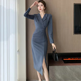 Women Pink Pleated Bodycon Formal Long Dress Autumn Winter Long Sleeve Chic Suit Dress