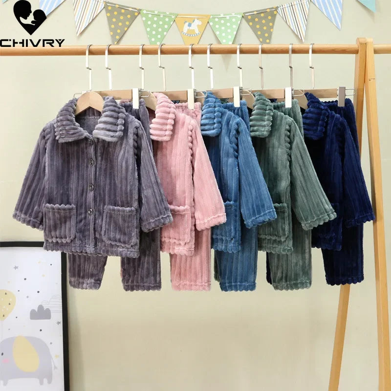 Kids Boys Girls Autumn Winter Thick Warm Soft Flannel Pajama Sets Solid Lapel Tops with Pants Sleeping Clothing Sets