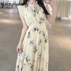 Kuzuwata Fresh Mid-length Print High Waist Robe New Gentle Literary Lace Up Pleated Slim Exquisite Mujer Japan New Elegant Dress