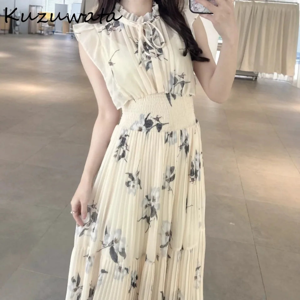 Kuzuwata Fresh Mid-length Print High Waist Robe New Gentle Literary Lace Up Pleated Slim Exquisite Mujer Japan New Elegant Dress