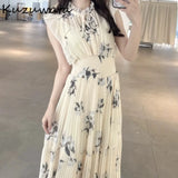 Kuzuwata Fresh Mid-length Print High Waist Robe New Gentle Literary Lace Up Pleated Slim Exquisite Mujer Japan New Elegant Dress