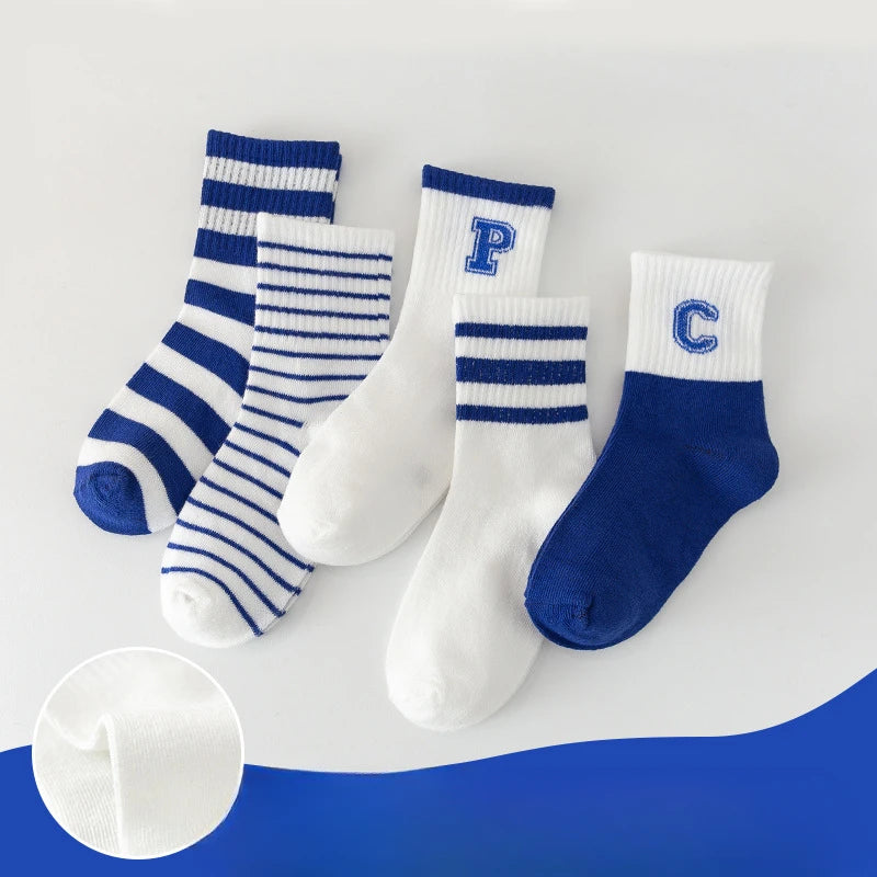 5 Pairs of Children's Socks Spring and Summer Thin Soft Breathable Simple Trend Cartoon Socks for  and Girls