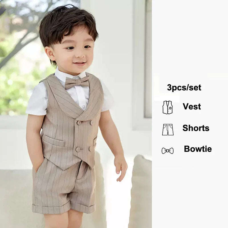 Boys Spring Summer Khaki Striped Suit Set Baby Child Birthday Party Wedding Photography Costume Kids Blazer Vest Pants Clothes