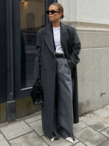 Fashion Women Overcoat Turn-down Collar Pocket Full Sleeve Long Coats Double Breasted