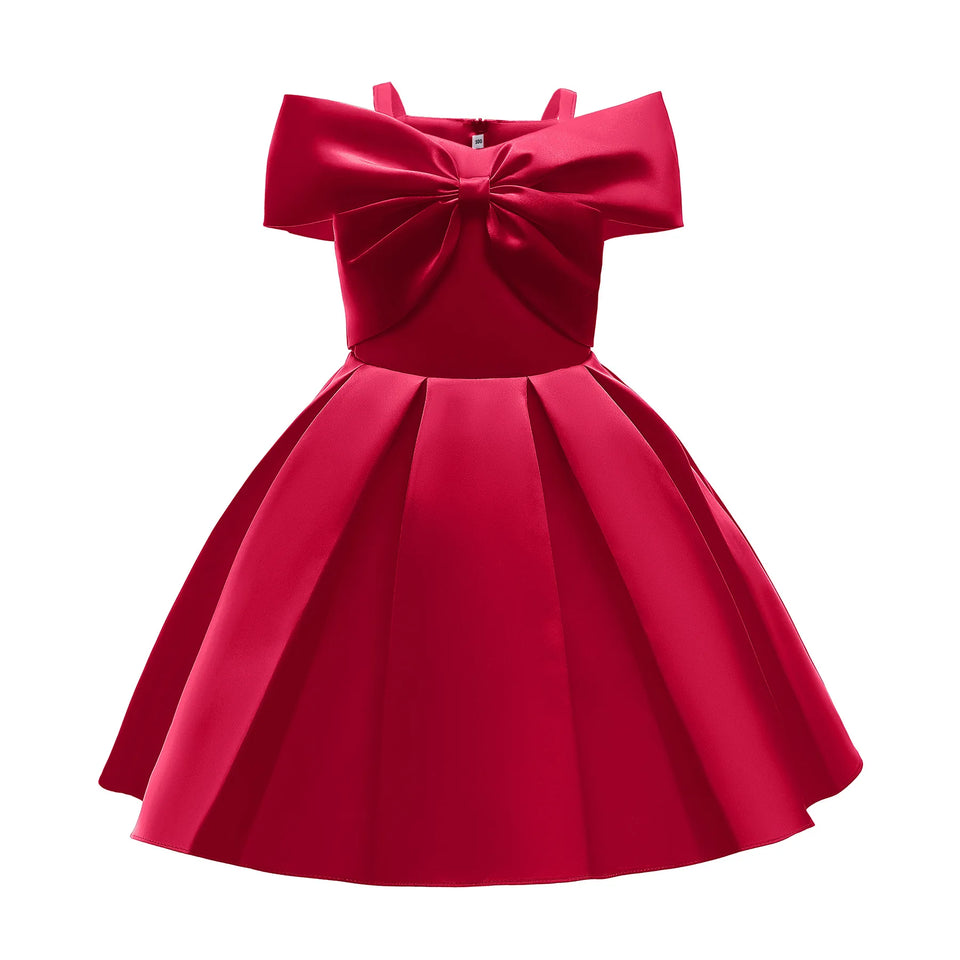 2024 New Girl Summer Solid Dress Bowknot Short Sleeve Shoulderless Children Skirts Breathable Quick Drying Casual Kids Dresses