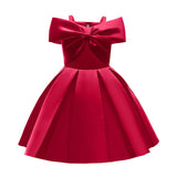 2024 New Girl Summer Solid Dress Bowknot Short Sleeve Shoulderless Children Skirts Breathable Quick Drying Casual Kids Dresses