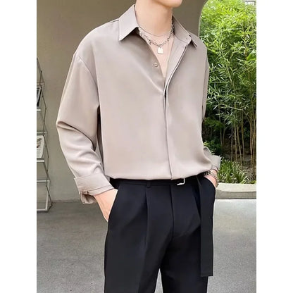 Autumn Loose-fit Korean Style Draped Long Sleeve Casual Shirt For Men Lightweight Chambray Shirt 2024 New Arrival