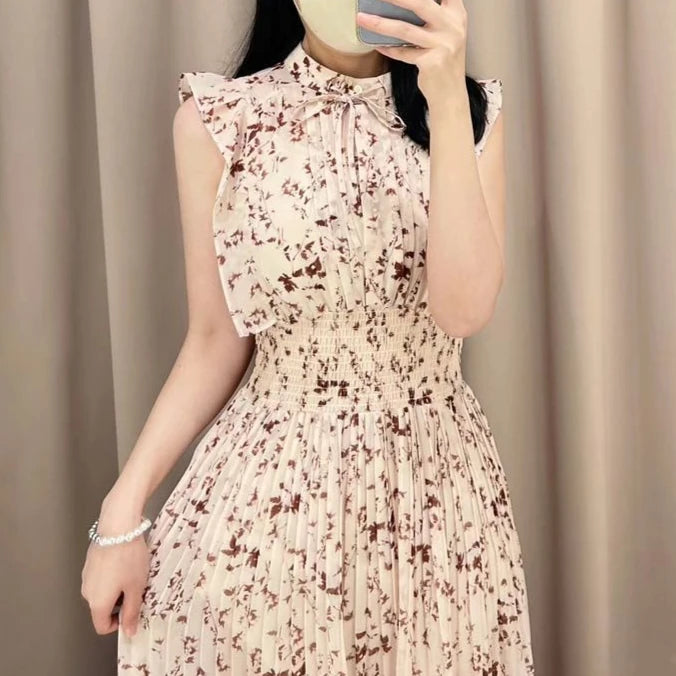 Kuzuwata Fresh Mid-length Print High Waist Robe New Gentle Literary Lace Up Pleated Slim Exquisite Mujer Japan New Elegant Dress