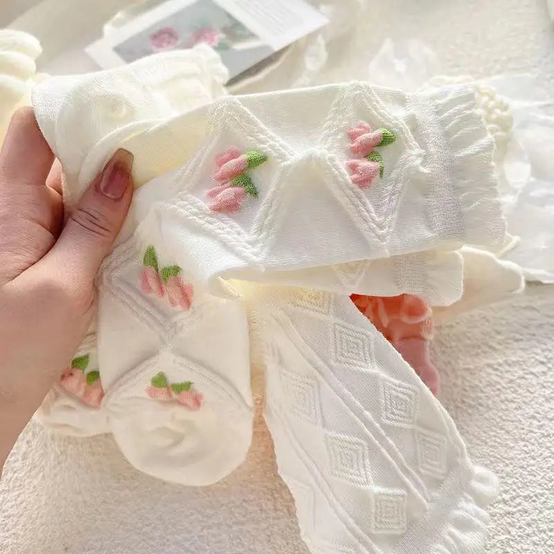 5 Pairs Cute Socks with Flowers Women Lace White Short Socks