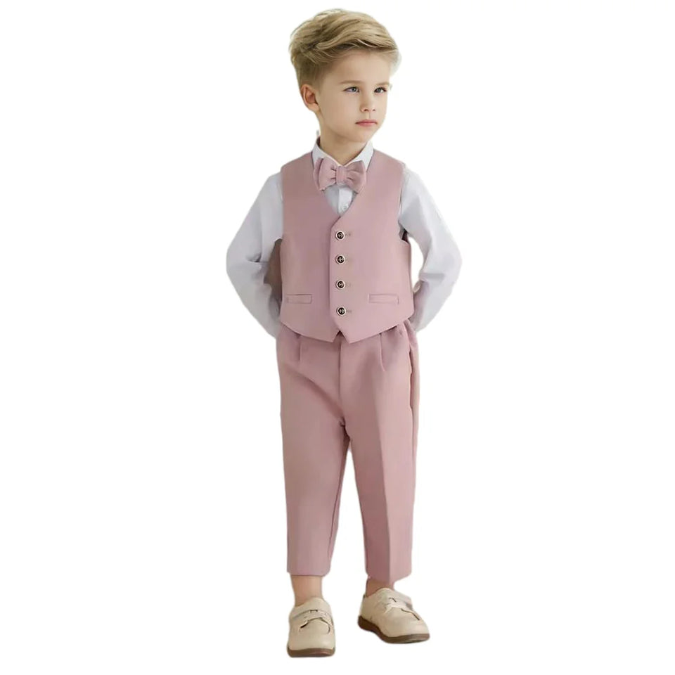 Boys Spring Autumn Formal Pink Suit Children Kids Blazer Pants Bowtie Outfit