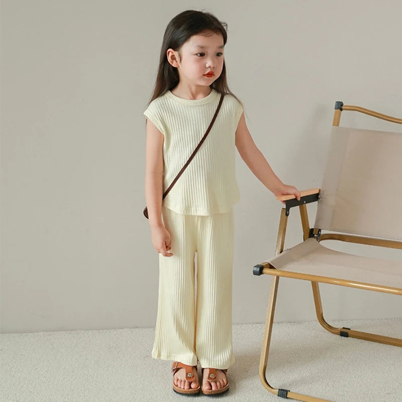 Children Girls Clothes Set Solid Color Summer Girls Loose Sleeveless Vests Set