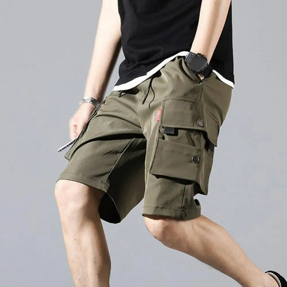 Men's Cargo Shorts Solid Color Multiple Pockets Short Pants Summer Elastic Waistband Drawstring Cargo Shorts Casual Men Shorts