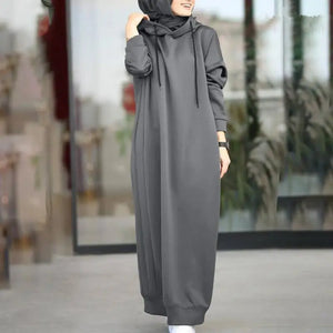 Muslim Women Hooded Drawstring Loose Casual Pocket Long Sleeved Sweatshirts Islamic Saudi Turki Arabic Robe Fashion Clothing