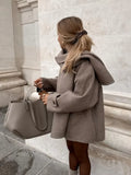 Collar Woolen Blends Jacket Women Elegant Long Sleeve Single Breasted Short Coats