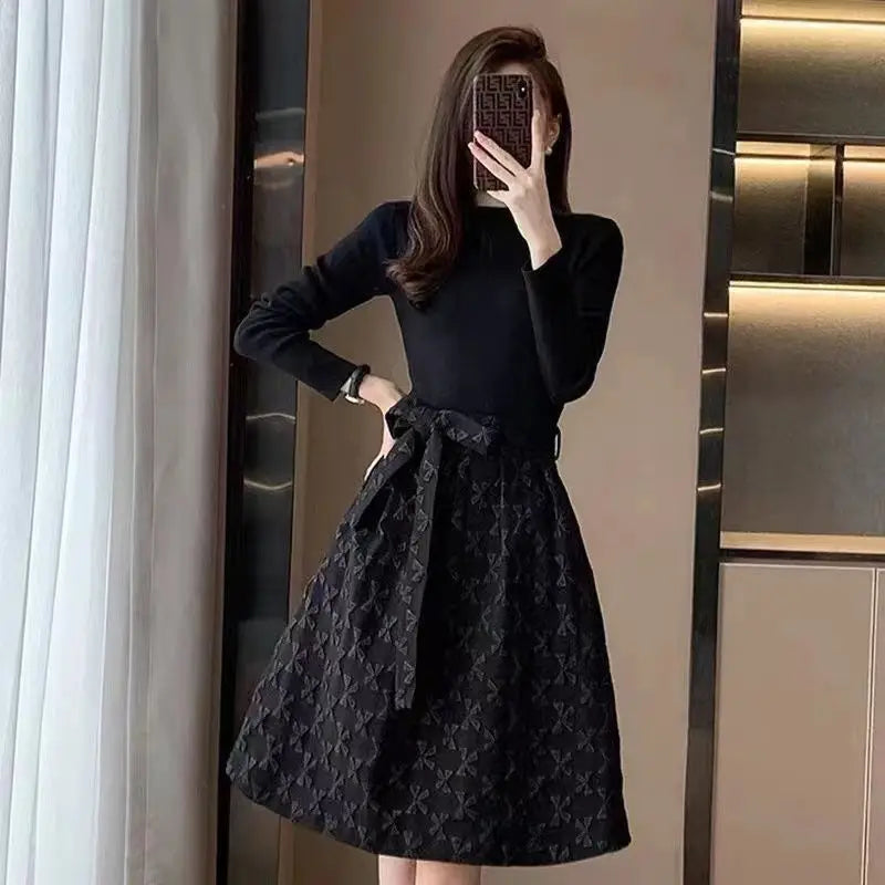 Black Women's Long Sleeve Dresses Birthday Bow Female Dress
