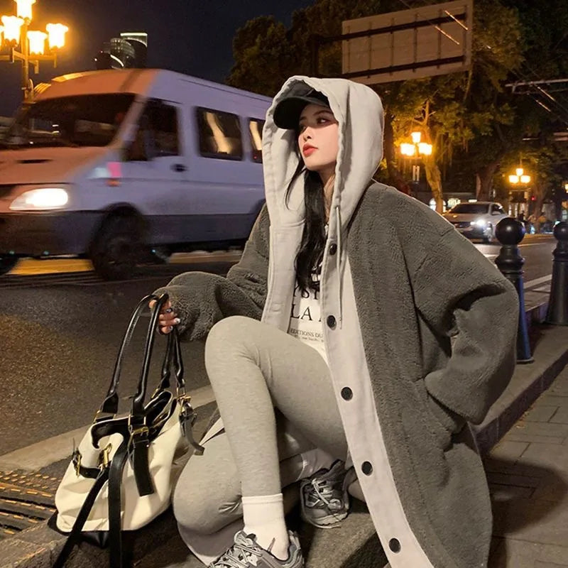 Chic Autumn and Winter New Long Hooded Single-breasted Coat Lambswool Joker Loose Fashion Coat Ins Style
