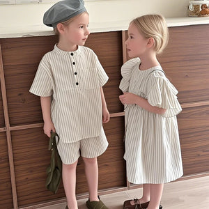 Summer Thin Brother Sister Outfits Boy Children Cotton Short Sleeve T-shirt+Shorts 2pcs Girl Baby Striped Fly Sleeves Dress