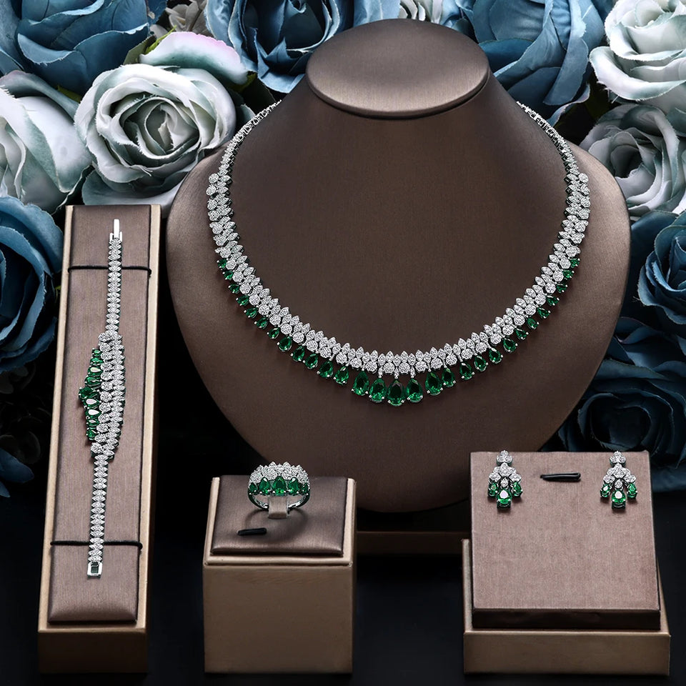Luxury White Cubic Zirconia Bridal Jewelry Set Brides Accessories Tassel Water Drop Necklace Earring 4pcs Set for Wedding Party