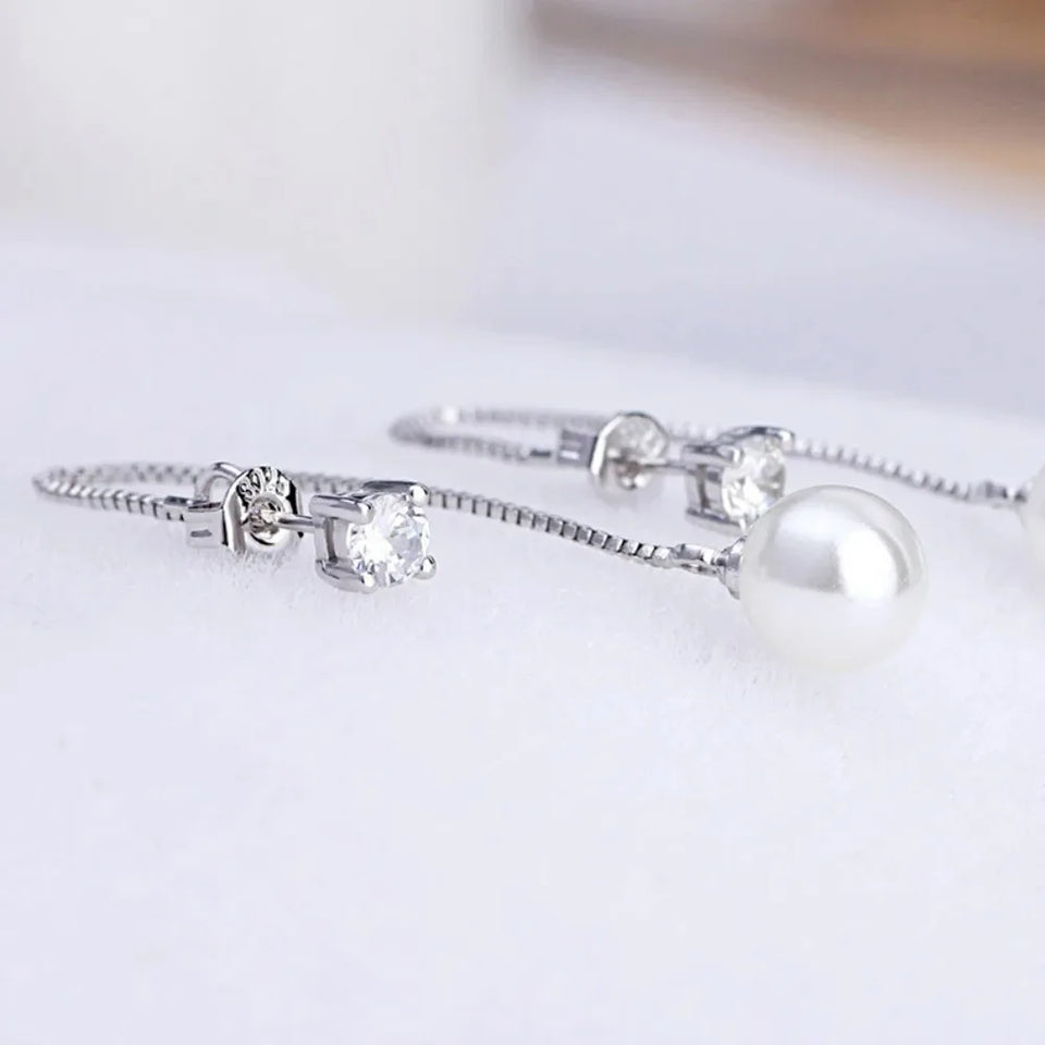 Fashion Silver-color Simulated Pearl Pendant Long Chain Cubic Zirconia  Earrings Bridal Wedding  Jewelry Drop