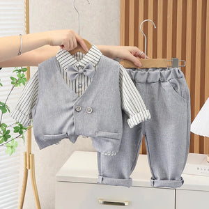 Boys Spring Autumn Fashion Formal Clothing Toddler Infant 1-year-old Birthday Party Set Vest+Striped Shirts+Pants 3PCS Dress Set