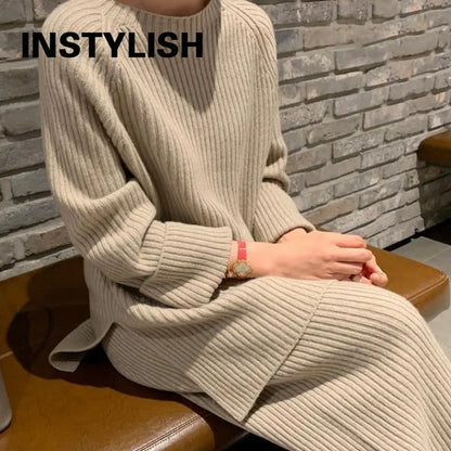 Women Elegant Sweater Suit Elegant Knitted Two Pieces Set Autumn Winter Oversized Pullover and Trousers