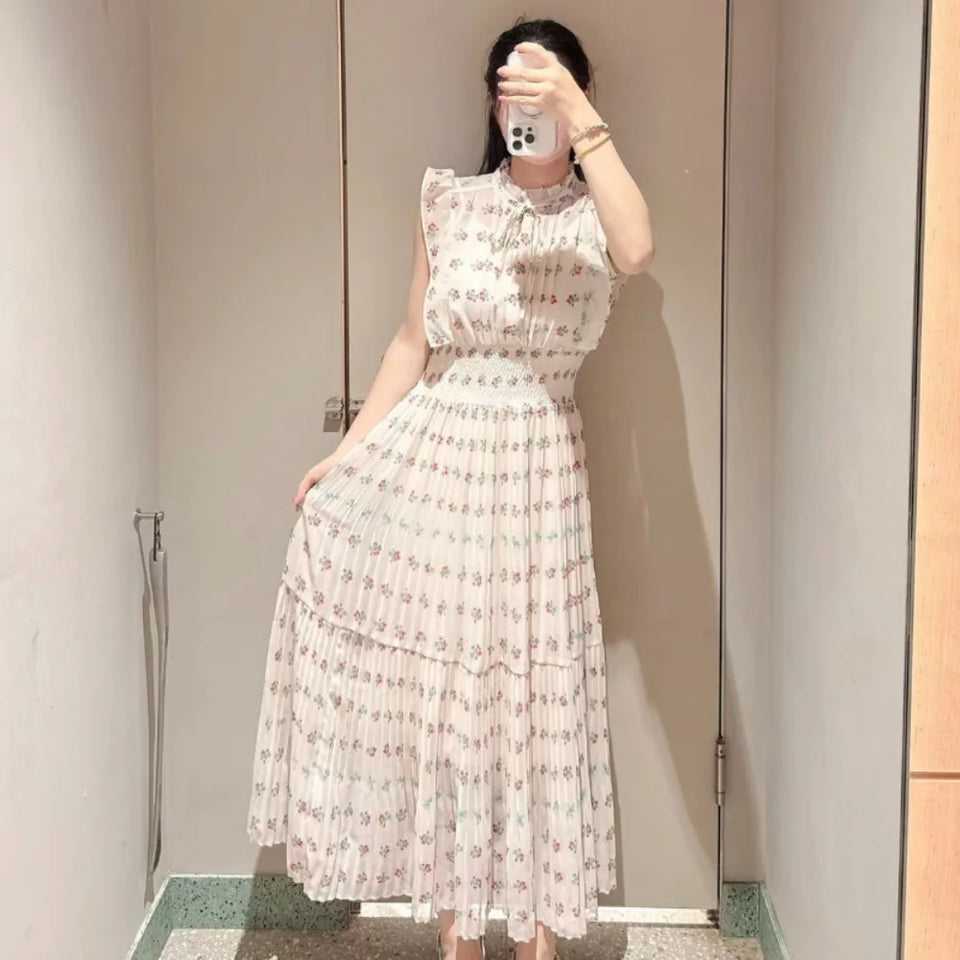 Kuzuwata Fresh Mid-length Print High Waist Robe New Gentle Literary Lace Up Pleated Slim Exquisite Mujer Japan New Elegant Dress