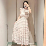 Kuzuwata Fresh Mid-length Print High Waist Robe New Gentle Literary Lace Up Pleated Slim Exquisite Mujer Japan New Elegant Dress