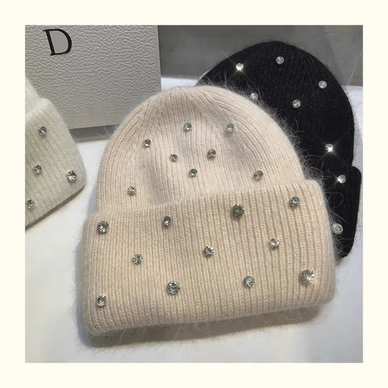 Luxury Rhinestone Winter Hats for Womem Elegant Fashion Designer Angola Warm Beanies Soft  Solid Adult Cover Head Cap