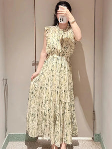 Kuzuwata Fresh Mid-length Print High Waist Robe New Gentle Literary Lace Up Pleated Slim Exquisite Mujer Japan New Elegant Dress