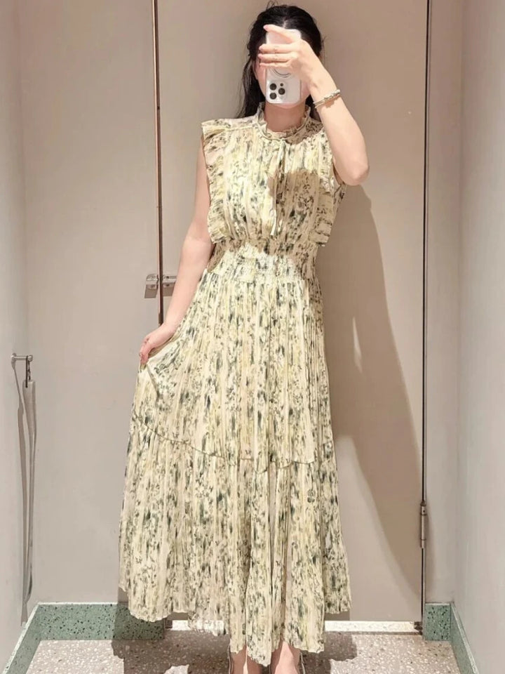 Kuzuwata Fresh Mid-length Print High Waist Robe New Gentle Literary Lace Up Pleated Slim Exquisite Mujer Japan New Elegant Dress
