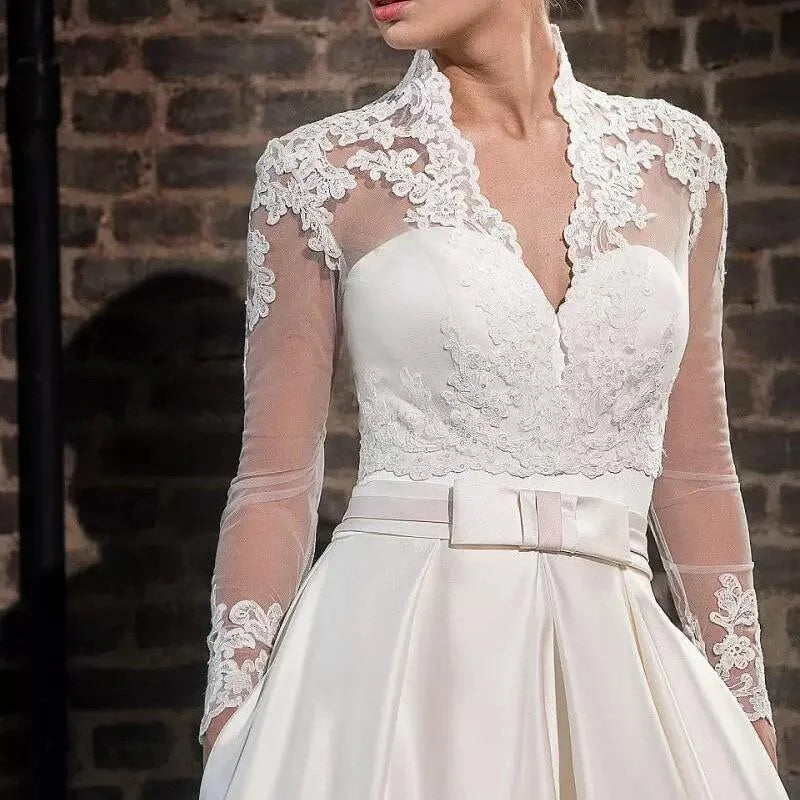 2 Pieces Sweetheart Satin Wedding Dresses With V Neck Lace Jacket A-line Long Sleeve 2 in 1 Princess Bridal Gowns Robe de Mariee