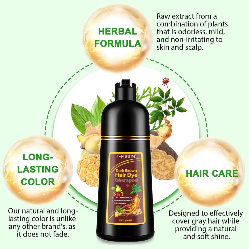 염색약 Shampoo 3 in 1 Organic Natural Hair Dye Ginseng Extract Black Hair Color Шампунь Для Волос for Cover Gray White Hair 500ML