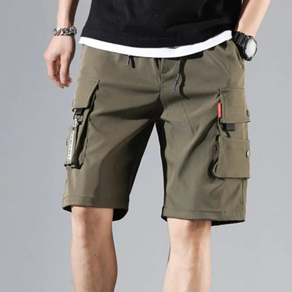 Men's Cargo Shorts Solid Color Multiple Pockets Short Pants Summer Elastic Waistband Drawstring Cargo Shorts Casual Men Shorts