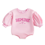 Infant Baby Girl Romper Autumn Valentine's Day Clothes Letter Embroidery Long Lantern Sleeve Crew Neck Bubble Jumpsuit for 0-18M
