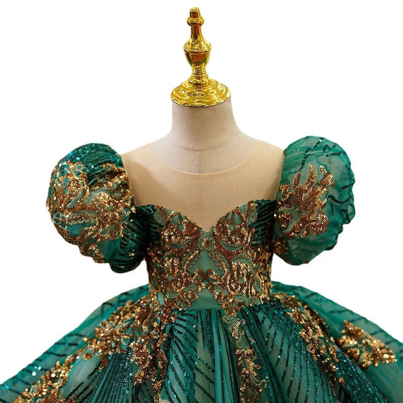 Kids Luxury Party Green Gold Dresses for Girls Size 1 - 12 Years Birthday Photo Shoot Gown Evening Formal Lace Dress Prom Frock
