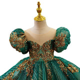 Kids Luxury Party Green Gold Dresses for Girls Size 1 - 12 Years Birthday Photo Shoot Gown Evening Formal Lace Dress Prom Frock