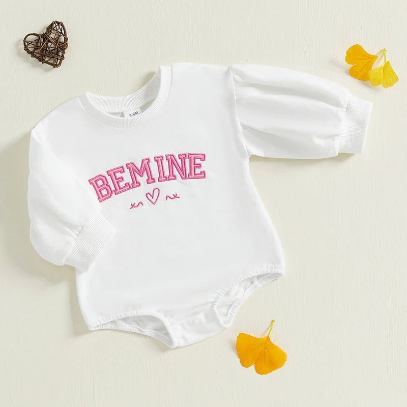 Infant Baby Girl Romper Autumn Valentine's Day Clothes Letter Embroidery Long Lantern Sleeve Crew Neck Bubble Jumpsuit for 0-18M