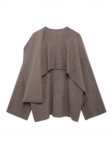 Elegant Asymmetric Scarf Women's Cape Knitted Jacket Fashion Solid Long Sleeved Short Woolen Coat Lady
