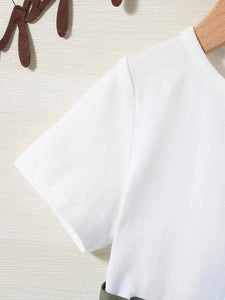 Boys & Girls Round neck Solid color T-shirt Cartoon Design Shoulder Pocket Shorts 2-piece set (bag not included)