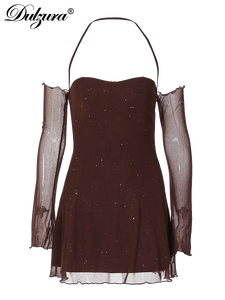 Dulzura Halter Backless Shinning Mini Dress Mesh Patchwork 2024 Spring Autumn Women'S Sexy Clubwear Birthday Evening Party