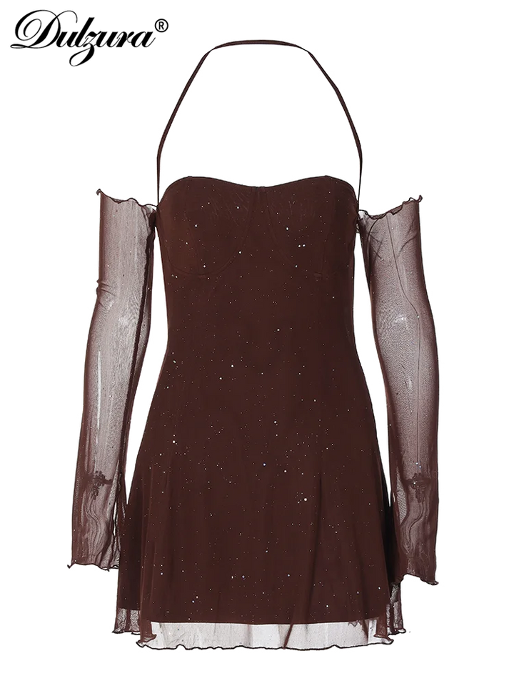 Dulzura Halter Backless Shinning Mini Dress Mesh Patchwork 2024 Spring Autumn Women'S Sexy Clubwear Birthday Evening Party