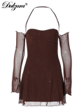 Dulzura Halter Backless Shinning Mini Dress Mesh Patchwork 2024 Spring Autumn Women'S Sexy Clubwear Birthday Evening Party