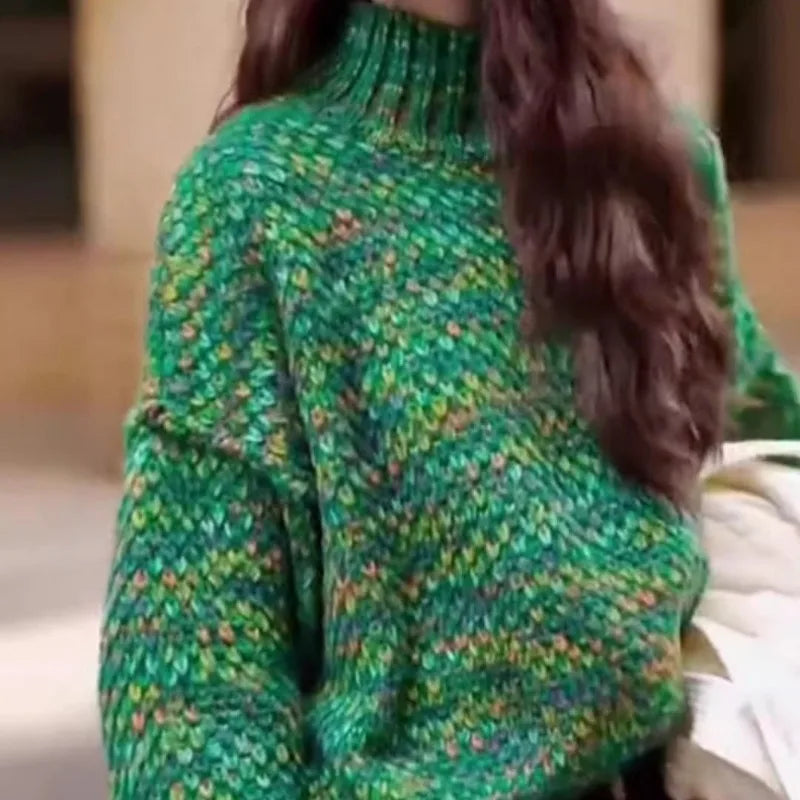 Autumn Winter Women Vintage Streetwear Lazy Style High Collar Knitted Sweater