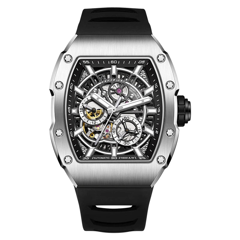BRUBOSES-Men's Mechanical Watch with Sapphire Crystal, 316L Stainless Steel Case, Tonneau Watch, Casual Fashion