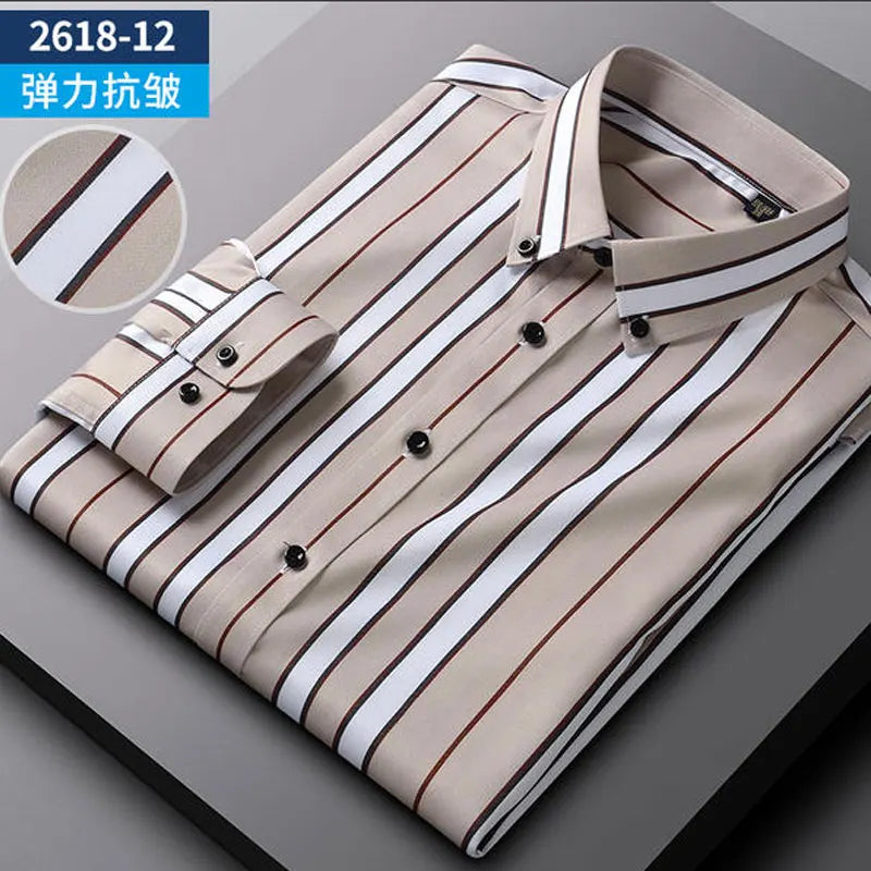 Summer men's long-sleeved shirt spring and summer ice silk thin stripes business casual high-quality work clothes wear fashion