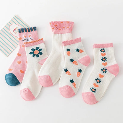 5Pairs/Lot Kids Summer Socks Cute Carrot Lace Flower Mesh Baby Girl Socks For Children Breathable Cotton Short Socks