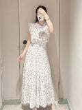 Kuzuwata Fresh Mid-length Print High Waist Robe New Gentle Literary Lace Up Pleated Slim Exquisite Mujer Japan New Elegant Dress